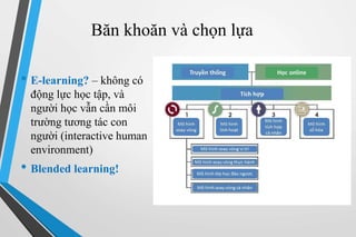 Băn khoăn và chọn lựa 
• E-learning? – không có 
động lực học tập, và 
người học vẫn cần môi 
trường tương tác con 
người (interactive human 
environment) 
• Blended learning! 
 