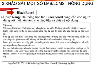 Chức Năng: Hệ thống học tập Blackboard cung cấp cho người
dùng với một nền tảng cho giao tiếp và chia sẻ nội dung.
Nguồn:http://en.wikipedia.org/wiki/Blackboard_Learning_System
53
3.KHẢO SÁT MỘT SỐ LMS/LCMS THÔNG DỤNG
BlackBoard
Nội dung
Nội dung khóa học: Tính năng này cho phép giáo viên để đăng bài viết, bài tập, video vv
Lịch: Giáo viên có thể sử dụng chức năng này để gửi do ngày cho các bài tập và bài kiểm
tra.
Học tập các mô-đun: Tính năng này thường được sử dụng cho các lớp học đúng tuyến. Nó
cho phép các giáo sư để viết những bài học khác nhau cho sinh viên truy cập.
Đánh giá: tab này cho phép giáo viên để gửi câu đố và bài kiểm tra và cho phép sinh viên
truy cập chúng thông qua internet
Bài tập: tính năng này cho phép công việc để được đăng và sinh viên nộp bài tập trực tuyến
Lớp Book: Giáo viên và các giáo sư có thể gửi lớp trên Blackboard cho sinh viên để xem.
Media Library: Video và phương tiện truyền thông khác có thể được đăng theo chức năng
này
 