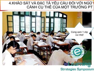 4.KHẢO SÁT VÀ ĐẶC TẢ YÊU CẦU ĐỐI VỚI NGỮ
CẢNH CỤ THỂ CỦA MỘT TRƯỜNG PT
Cùng xem 1 clip
vui nhé!
 