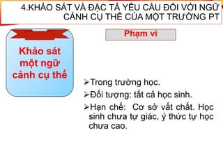 Trong trường học.
Đối tượng: tất cả học sinh.
Hạn chế: Cơ sở vất chất. Học
sinh chưa tự giác, ý thức tự học
chưa cao.
Phạm vi
4.KHẢO SÁT VÀ ĐẶC TẢ YÊU CẦU ĐỐI VỚI NGỮ
CẢNH CỤ THỂ CỦA MỘT TRƯỜNG PT
Khảo sát
một ngữ
cảnh cụ thể
 