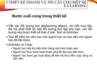 Viết các đối tượng học tập(learning object), với mỗi mục tiêu
đòi hỏi phải thiết kế một đối tượng học tập phù hợp, các đối
tượng này được thiết kế theo 2 loại: Test và Activities
Test để kiểm tra việc học của người học và mục tiêu mà người
học đã đạt được
Activities có 3 loại:
Người học hấp thụ kiến thức bằng cách đọc hoặc xem
Người học thực hành hoặc khám phá để đào sâu kiến thức
Người học tham gia hoạt động để liên hệ thực tiễn cuộc sống và
làm việc.
5.THIẾT KẾ NHANH VÀ TIN CẬY CHO MỘT HỆ
E-LEARNING
Bước cuối cùng trong thiết kế:
 