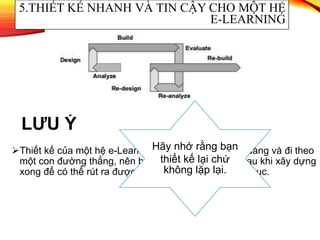 LƯU Ý
Thiết kế của một hệ e-Learning không bao giờ là dễ dàng và đi theo
một con đường thẳng, nên bạn cần thử nghiệm nó sau khi xây dựng
xong để có thể rút ra được những thiếu sót và khắc phục.
5.THIẾT KẾ NHANH VÀ TIN CẬY CHO MỘT HỆ
E-LEARNING
Hãy nhớ rằng bạn
thiết kế lại chứ
không lặp lại.
 
