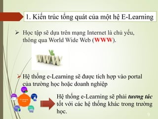 9
 Hệ thống e-Learning sẽ được tích hợp vào portal
của trường học hoặc doanh nghiệp
 Học tập sẽ dựa trên mạng Internet là chủ yếu,
thông qua World Wide Web (WWW).
1. Kiến trúc tổng quát của một hệ E-Learning
Hệ thống e-Learning sẽ phải tương tác
tốt với các hệ thống khác trong trường
học.
 