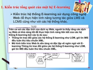 1. Kiến trúc tổng quát của một hệ E-learning 
 Kiến trúc hệ thống E-learning sử dụng công nghệ 
Web để thực hiện tính năng tương tác giữa LMS và 
LCMS cũng như với các hệ thống khác. 
Trên cơ sở các đặc tính của dịch vụ Web, người ta thấy rằng các dịch 
vụ Web có khả năng tốt để thực hiện tính năng liên kết của các hệ 
thống E-learning bởi các lý do sau: 
 Thông tin trao đổi giữa các hệ thống E-learning như LOM, gói tin IMS 
10 
đều tuân thủ tiêu chuẩn XML. 
 Mô hình kiến trúc Web là nền tảng và độc lập về ngôn ngữ với E-learning 
Thông tin trao đổi giữa các hệ thống E-learning như LOM, 
gói tin IMS đều tuân thủ tiêu chuẩn XML. 
 