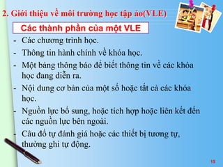 2. Giới thiệu về môi trường học tập ảo(VLE) 
Các thành phần của một VLE 
- Các chương trình học. 
- Thông tin hành chính về khóa học. 
- Một bảng thông báo để biết thông tin về các khóa 
học đang diễn ra. 
- Nội dung cơ bản của một số hoặc tất cả các khóa 
học. 
- Nguồn lực bổ sung, hoặc tích hợp hoặc liên kết đến 
các nguồn lực bên ngoài. 
- Câu đố tự đánh giá hoặc các thiết bị tương tự, 
thường ghi tự động. 
15 
 