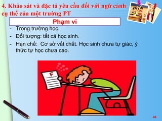 Phạm vi 
- Trong trường học. 
- Đối tượng: tất cả học sinh. 
- Hạn chế: Cơ sở vất chất. Học sinh chưa tự giác, ý 
thức tự học chưa cao. 
46 
4. Khảo sát và đặc tả yêu cầu đối với ngữ cảnh 
cụ thể của một trường PT 
 