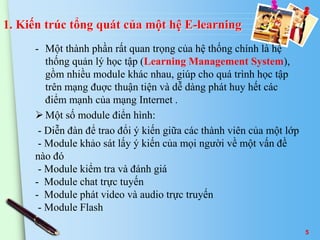1. Kiến trúc tổng quát của một hệ E-learning 
- Một thành phần rất quan trọng của hệ thống chính là hệ 
thống quản lý học tập (Learning Management System), 
gồm nhiều module khác nhau, giúp cho quá trình học tập 
trên mạng đuợc thuận tiện và dễ dàng phát huy hết các 
điểm mạnh của mạng Internet . 
 Một số module điển hình: 
- Diễn đàn để trao đổi ý kiến giữa các thành viên của một lớp 
- Module khảo sát lấy ý kiến của mọi người về một vấn đề 
nào đó 
- Module kiểm tra và đánh giá 
- Module chat trực tuyến 
- Module phát video và audio trực truyến 
- Module Flash 
5 
 