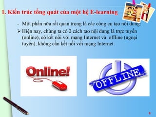 1. Kiến trúc tổng quát của một hệ E-learning 
- Một phần nữa rất quan trọng là các công cụ tạo nội dung: 
 Hiện nay, chúng ta có 2 cách tạo nội dung là trực tuyến 
(online), có kết nối với mạng Internet và offline (ngoại 
tuyến), không cần kết nối với mạng Internet. 
6 
 