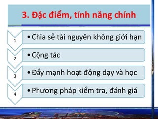 3. Đặc điểm, tính năng chính 
1 • Chia sẻ tài nguyên không giới hạn 
2 • Cộng tác 
3 • Đẩy mạnh hoạt động dạy và học 
4 • Phương pháp kiểm tra, đánh giá 
 