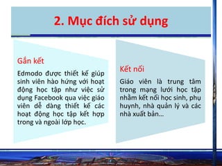 2. Mục đích sử dụng 
Gắn kết 
Edmodo được thiết kế giúp 
sinh viên hào hứng với hoạt 
động học tập như việc sử 
dụng Facebook qua việc giáo 
viên dễ dàng thiết kế các 
hoạt động học tập kết hợp 
trong và ngoài lớp học. . 
Kết nối 
Giáo viên là trung tâm 
trong mạng lưới học tập 
nhằm kết nối học sinh, phụ 
huynh, nhà quản lý và các 
nhà xuất bản… 
 