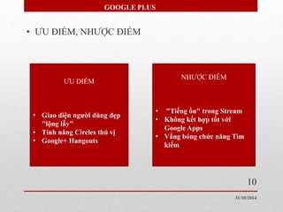 GOOGLE PLUS 
• ƯU ĐIỂM, NHƯỢC ĐIỂM 
ƯU ĐIỂM 
• Giao diện người dùng đẹp 
"lộng lẫy" 
• Tính năng Circles thú vị 
• Google+ Hangouts 
NHƯỢC ĐIỂM 
• "Tiếng ồn" trong Stream 
• Không kết hợp tốt với 
Google Apps 
• Vắng bóng chức năng Tìm 
kiếm 
10 
31/10/2014 
 