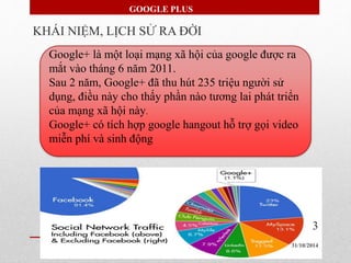 GOOGLE PLUS 
KHÁI NIỆM, LỊCH SỬ RA ĐỜI 
Google+ là một loại mạng xã hội của google được ra 
mắt vào tháng 6 năm 2011. 
Sau 2 năm, Google+ đã thu hút 235 triệu người sử 
dụng, điều này cho thấy phần nào tương lai phát triển 
của mạng xã hội này. 
Google+ có tích hợp google hangout hỗ trợ gọi video 
miễn phí và sinh động 
3 
31/10/2014 
 