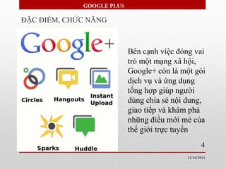 GOOGLE PLUS 
ĐẶC ĐIỂM, CHỨC NĂNG 
Bên cạnh việc đóng vai 
trò một mạng xã hội, 
Google+ còn là một gói 
dịch vụ và ứng dụng 
tổng hợp giúp người 
dùng chia sẻ nội dung, 
giao tiếp và khám phá 
những điều mới mẻ của 
thế giới trực tuyến 
4 
31/10/2014 
 