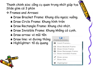 Thanh chỉnh sửa: công cụ quan trọng nhất giúp tọa
Slide gồm có 3 phần
 Frames and Arrows:
 Draw Bracket Frame: Khung dấu ngoặc vuông.
 Draw Circle Frame: Khung hình tròn
 Draw Rectangle Frame: Khung chữ nhật.
 Draw Invisible Frame: Khung không có cạnh.
 Draw arrow: vẽ mũi tên
 Draw line: vẽ đường thẳng
 Highlighter: tô dạ quang
 