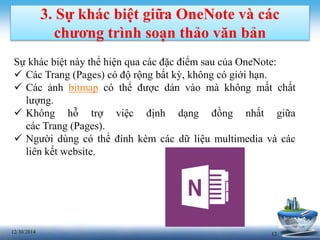 1212/30/2014
3. Sự khác biệt giữa OneNote và các
chương trình soạn thảo văn bản
Sự khác biệt này thể hiện qua các đặc điểm sau của OneNote:
 Các Trang (Pages) có độ rộng bất kỳ, không có giới hạn.
 Các ảnh bitmap có thể được dán vào mà không mất chất
lượng.
 Không hỗ trợ việc định dạng đồng nhất giữa
các Trang (Pages).
 Người dùng có thể đính kèm các dữ liệu multimedia và các
liên kết website.
 