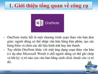 512/30/2014
1. Giới thiệu tổng quan về công cụ
- OneNote trước hết là một chương trình soạn thảo văn bản đơn
giản: người dùng có thể nhập văn bản bằng bàn phím, tạo các
bảng biểu và chèn các dữ liệu hình ảnh hay âm thanh.
- Tuy nhiên OneNote khác với một ứng dụng soạn thảo văn bản
(ví dụ như Microsoft Word) ở chỗ người dùng có thể ghi chép
và bất kỳ vị trí nào của văn bản bằng cách click chuột vào vị trí
đó.
 