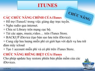 1112/30/2014
CÁC CHỨC NĂNG CHÍNH CỦA iTunes
+ Hỗ trợ iTunesU trong việc giảng dạy trực tuyến.
+ Nghe radio qua internet.
+ Chia sẻ Library trên mạng cục bộ.
+ Tải các apps, music,video… trên iTunes Store.
+ BACKUP iDevice (tạo bản sao lưu trên iDevice)
+ Cung cấp lưu lượng miễn phí có giới hạn với dịch vụ lưu trữ
đám mây icloud
+ Tạo 1 account miễn phí và có phí trên iTunes Store.
ITUNES
CHỨC NĂNG RIÊNG BIỆT CỦA iTunes
Cho phép update hay restore phiên bản phần mềm của các
iDevices.
 