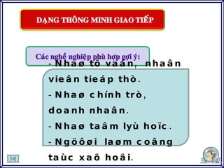 Nhaø tö vaán,  nhaân vieân tieáp thò. Nhaø chính trò, doanh nhaân. Nhaø taâm lyù hoïc. Ngöôøi  laøm coâng taùc xaõ hoäi. 