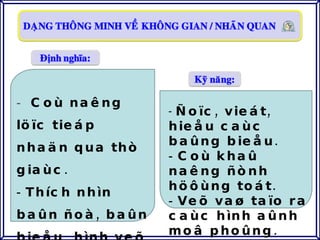 Coù naêng löïc tieáp nhaän qua thò giaùc.  Thích nhìn baûn ñoà, baûn bieåu, hình veõ, video hay phim. Ñoïc, vieát, hieåu caùc baûng bieåu. Coù khaû naêng ñònh höôùng toát. Veõ vaø taïo ra caùc hình aûnh moâ phoûng. 