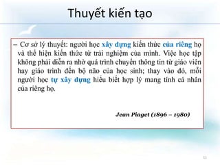 Thuyết kiến tạo 
– Cơ sở lý thuyết: người học xây dựng kiến thức của riêng họ 
và thể hiện kiến thức từ trải nghiệm của mình. Việc học tập 
không phải diễn ra nhờ quá trình chuyển thông tin từ giáo viên 
hay giáo trình đến bộ não của học sinh; thay vào đó, mỗi 
người học tự xây dựng hiểu biết hợp lý mang tính cá nhân 
của riêng họ. 
11 
Jean Piaget (1896 – 1980) 
 