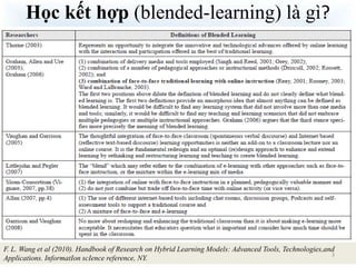 Học kết hợp (blended-learning) là gì? 
F. L. Wang et al (2010). Handbook of Research on Hybrid Learning Models: Advanced Tools, Technologies,and 
Applications. InformatIon scIence reference, NY. 
3 
 
