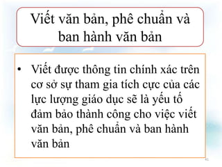 Viết văn bản, phê chuẩn và 
ban hành văn bản 
• Viết được thông tin chính xác trên 
cơ sở sự tham gia tích cực của các 
lực lượng giáo dục sẽ là yếu tố 
đảm bảo thành công cho việc viết 
văn bản, phê chuẩn và ban hành 
văn bản 
41 
 