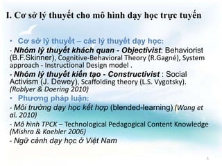 I. Cơ sở lý thuyết cho mô hình dạy học trực tuyến 
• Cơ sở lý thuyết – các lý thuyết dạy học: 
- Nhóm lý thuyết khách quan - Objectivist: Behaviorist 
(B.F.Skinner), Cognitive-Behavioral Theory (R.Gagné), System 
approach - Instructional Design model . 
- Nhóm lý thuyết kiến tạo - Constructivist : Social 
Activism (J. Dewey), Scaffolding theory (L.S. Vygotsky). 
(Roblyer & Doering 2010) 
• Phương pháp luận: 
- Môi trường dạy học kết hợp (blended-learning) (Wang et 
al. 2010) 
- Mô hình TPCK – Technological Pedagogical Content Knowledge 
(Mishra & Koehler 2006) 
- Ngữ cảnh dạy học ở Việt Nam 
5 
 