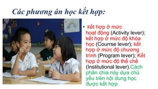 Các phương án học kết hợp: 
• Kết hợp ở mức 
hoạt động (Activity lever); 
kết hợp ở mức độ khóa 
học (Courrse lever); kết 
hợp ở mức độ chương 
trình (Program lever); Kết 
hợp ở mức độ thể chế 
(Institutional lever).Cách 
phân chia này dựa chủ 
yếu trên nội dung học 
được kết hợp. 
 