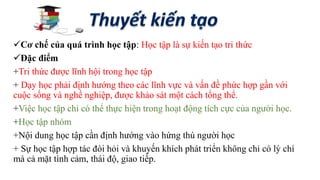 Cơ chế của quá trình học tập: Học tập là sự kiến tạo tri thức 
Đặc điểm 
+Tri thức được lĩnh hội trong học tập 
+ Dạy học phải định hướng theo các lĩnh vực và vấn đề phức hợp gần với 
cuộc sống và nghề nghiệp, được khảo sát một cách tổng thể. 
+Việc học tập chỉ có thể thực hiện trong hoạt động tích cực của người học. 
+Học tập nhóm 
+Nội dung học tập cần định hướng vào hứng thú người học 
+ Sự học tập hợp tác đòi hỏi và khuyến khích phát triển không chỉ có lý chí 
mà cả mặt tình cảm, thái độ, giao tiếp. 
 