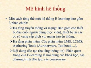 Mô hình hệ thống 
• Một cách tổng thể một hệ thống E-learning bao gồm 
3 phần chính: 
Hạ tầng truyền thông và mạng: Bao gồm các thiết 
bị đầu cuối người dùng (học viên), thiết bị tại các 
cơ sở cung cấp dịch vụ, mạng truyền thông,... 
Hạ tầng phần mềm: Các phần mềm LMS, LCMS, 
Authoring Tools (Aurthorware, Toolbook,...). 
Nội dung đào tạo (hạ tầng thông tin): Phần quan 
trọng của E-learning là nội dung các khoá học, các 
chương trình đào tạo, các courseware. 
 