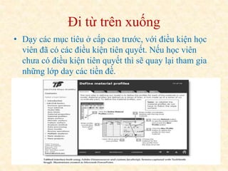 Đi từ trên xuống 
• Dạy các mục tiêu ở cấp cao trước, với điều kiện học 
viên đã có các điều kiện tiên quyết. Nếu học viên 
chưa có điều kiện tiên quyết thì sẽ quay lại tham gia 
những lớp day các tiền đề. 
 