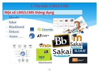 Một số LMS/LCMS thông dụng 
- Moodle. 
- Sakai 
- Blackboard 
- Dokeos 
- Atutor, …. 
3. Tìm hiểu LMS/LCMS 
22 
 