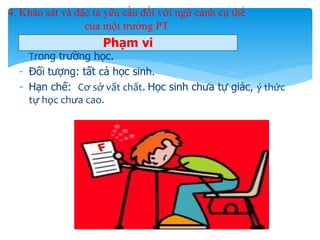 4. Khảo sát và đặc tả yêu cầu đối với ngữ cảnh cụ thể 
của một trường PT 
- Trong trường học. 
- Đối tượng: tất cả học sinh. 
- Hạn chế: Cơ sở vất chất. Học sinh chưa tự giác, ý thức 
tự học chưa cao. 
46 
Phạm vi 
 