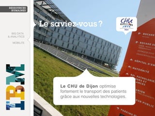 Le CHU de Dijon optimise
fortement le transport des patients
grâce aux nouvelles technologies.
MOBILITE
BIG DATA
& ANALYTICS
 