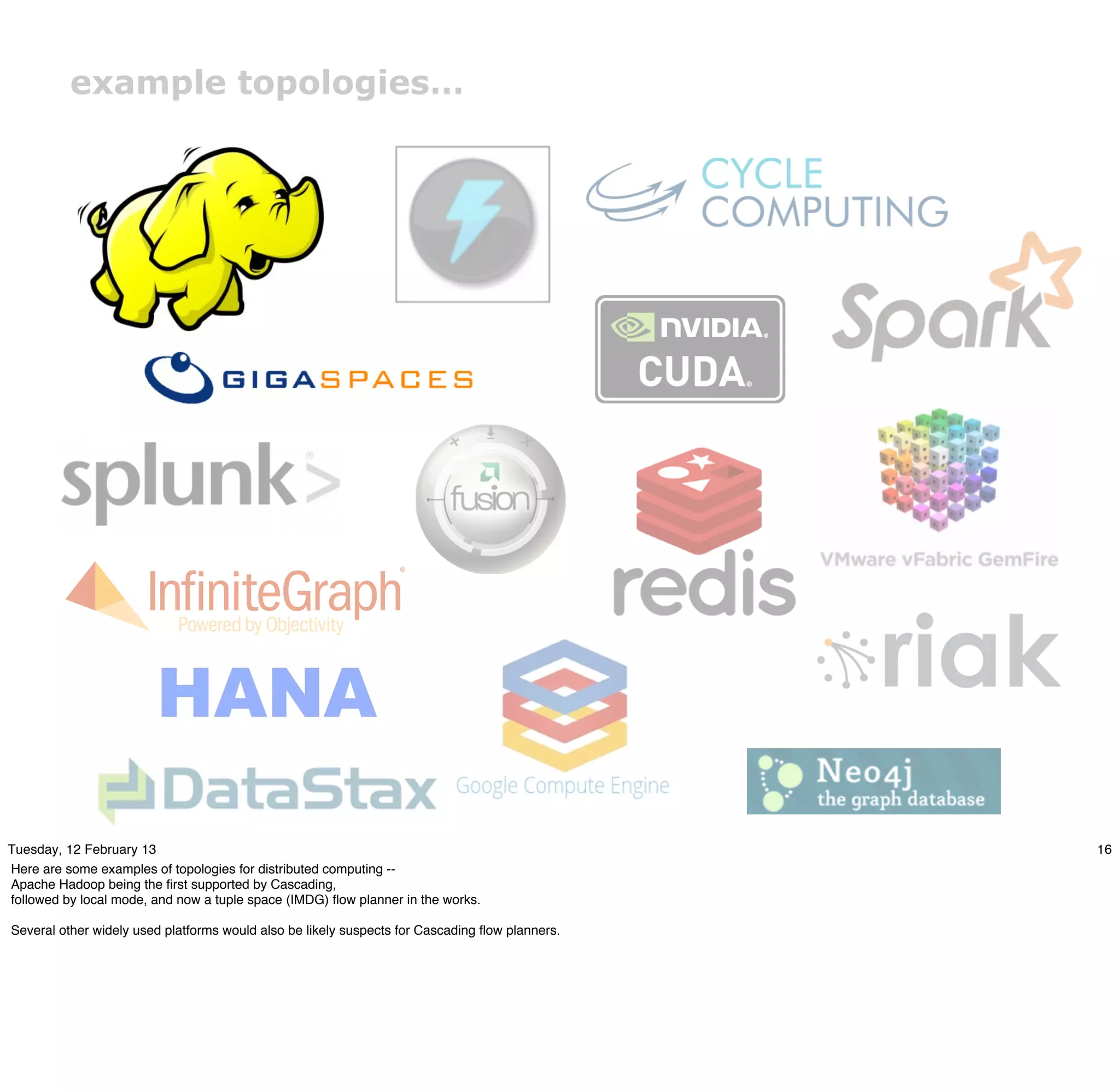 example topologies…




Tuesday, 12 February 13                                                                         16
Here are some examples of topologies for distributed computing --
Apache Hadoop being the ﬁrst supported by Cascading,
followed by local mode, and now a tuple space (IMDG) ﬂow planner in the works.

Several other widely used platforms would also be likely suspects for Cascading ﬂow planners.
 