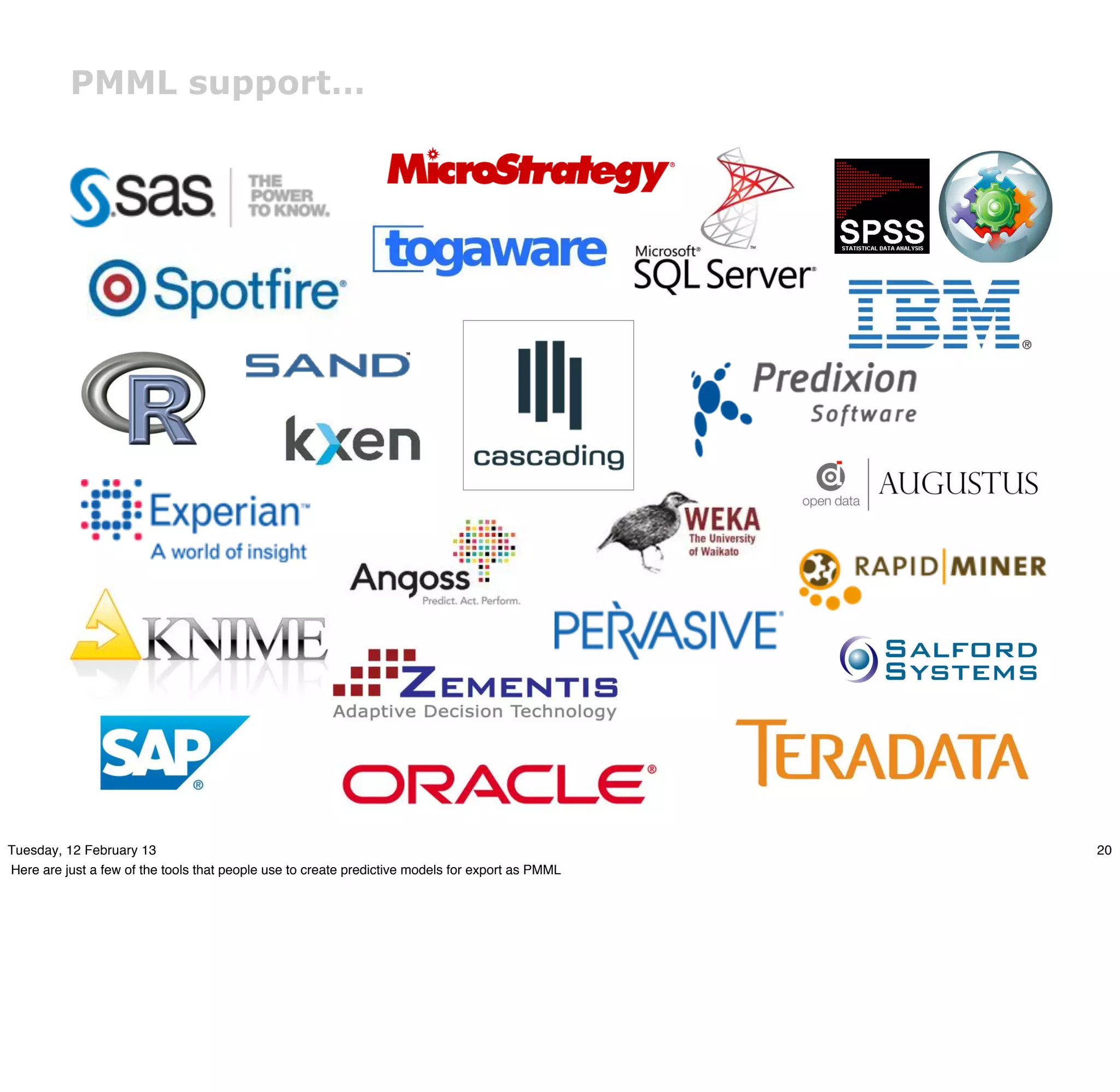 PMML support…




Tuesday, 12 February 13                                                                           20
Here are just a few of the tools that people use to create predictive models for export as PMML
 
