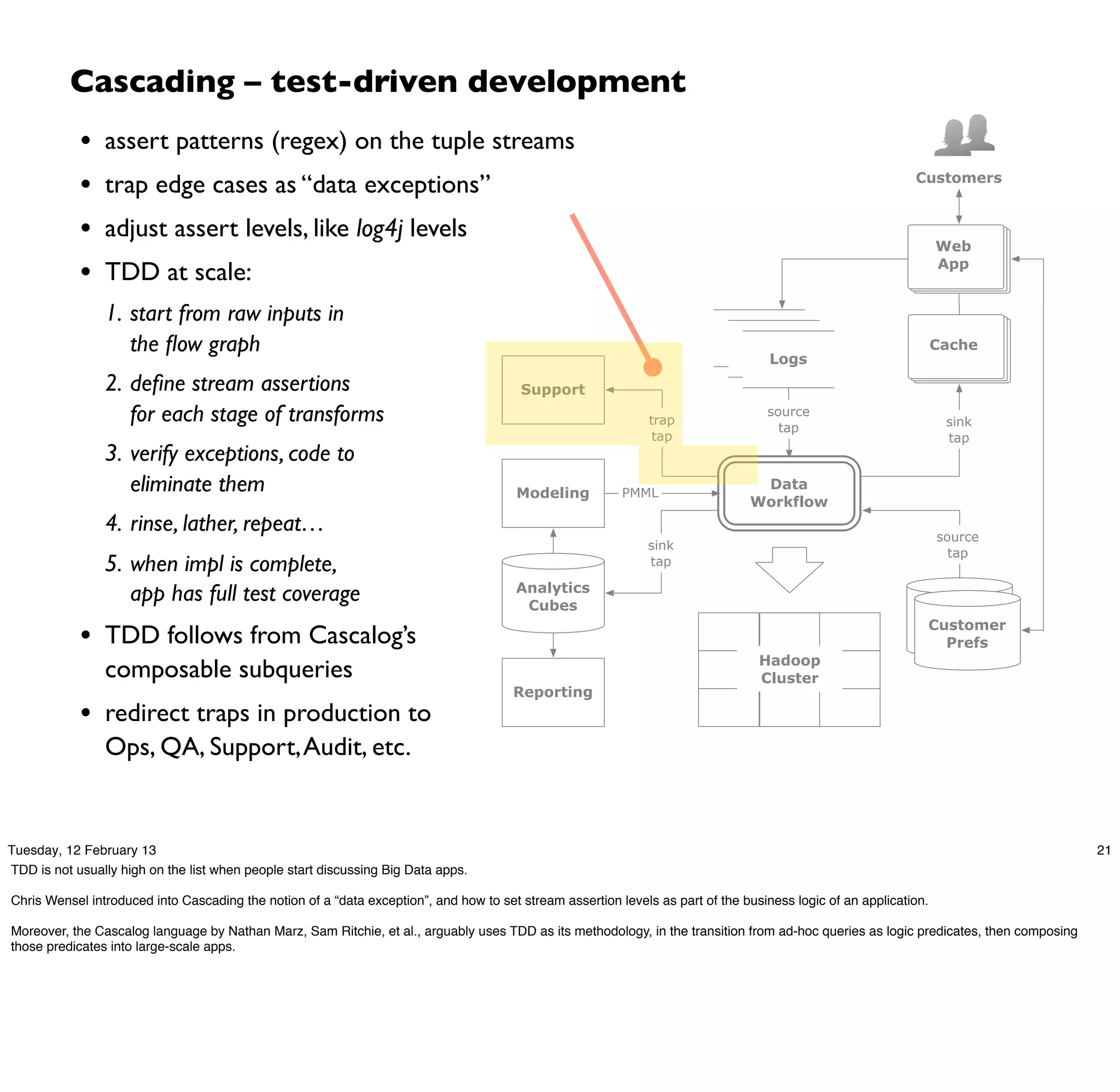 Cascading – test-driven development
            •   assert patterns (regex) on the tuple streams
            •   trap edge cases as “data exceptions”                                                                                                         Customers


            •   adjust assert levels, like log4j levels
                                                                                                                                                                   Web

            •   TDD at scale:                                                                                                                                      App


                1. start from raw inputs in
                                                                                                                               logs
                   the ﬂow graph                                                                                                 logs                              Cache
                                                                                                                                   Logs
                2. deﬁne stream assertions                                              Support
                   for each stage of transforms                                                                trap
                                                                                                                                   source
                                                                                                                                     tap                            sink
                                                                                                                tap                                                 tap
                3. verify exceptions, code to
                   eliminate them                                                       Modeling          PMML
                                                                                                                                 Data
                                                                                                                                Workflow
                4. rinse, lather, repeat…                                                                                                                          source
                                                                                                               sink
                                                                                                                                                                     tap
                5. when impl is complete,                                                                      tap

                                                                                        Analytics
                   app has full test coverage                                            Cubes                                                                customer
            • TDD follows from Cascalog’s                                                                                                                      Customer
                                                                                                                                                             profile DBs
                                                                                                                                                                 Prefs
                                                                                                                                  Hadoop
                composable subqueries                                                                                             Cluster
                                                                                       Reporting
            • redirect traps in production to
                Ops, QA, Support, Audit, etc.


Tuesday, 12 February 13                                                                                                                                                                21
TDD is not usually high on the list when people start discussing Big Data apps.

Chris Wensel introduced into Cascading the notion of a “data exception”, and how to set stream assertion levels as part of the business logic of an application.

Moreover, the Cascalog language by Nathan Marz, Sam Ritchie, et al., arguably uses TDD as its methodology, in the transition from ad-hoc queries as logic predicates, then composing
those predicates into large-scale apps.
 