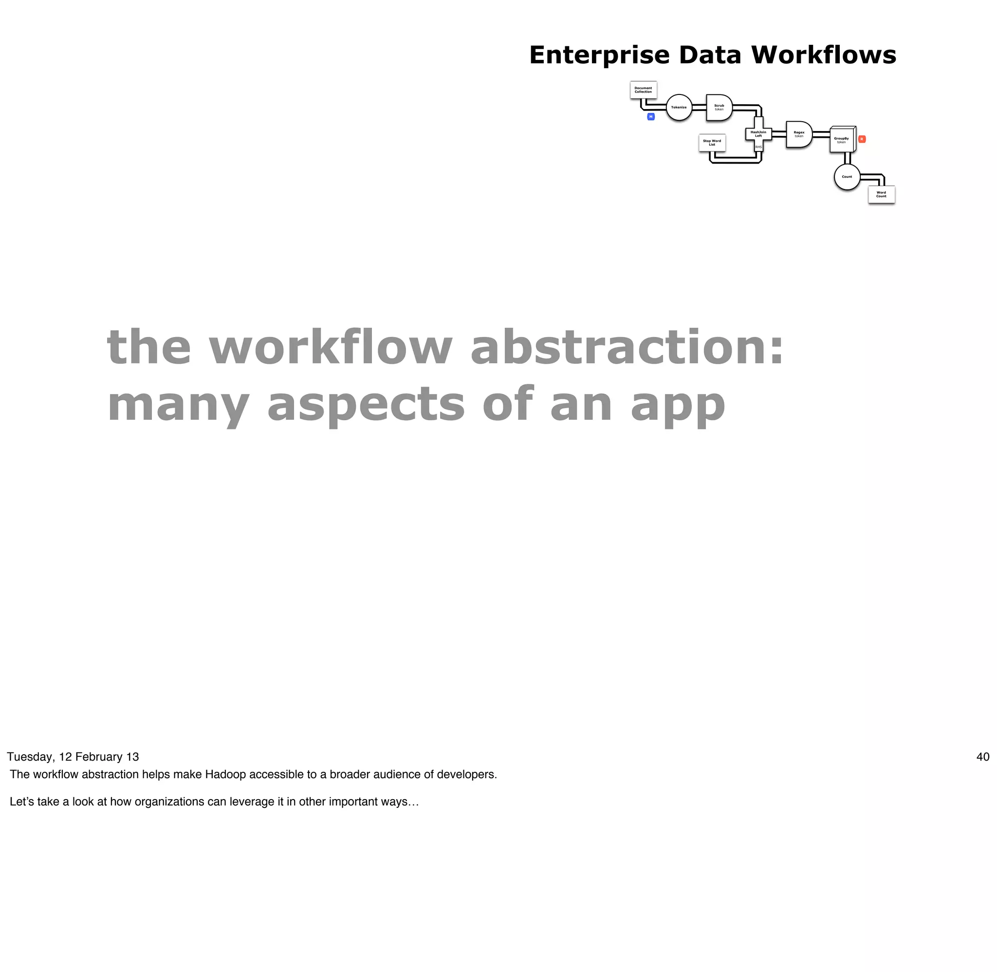 Enterprise Data Workflows
                                                                                                   Document
                                                                                                   Collection



                                                                                                                                Scrub
                                                                                                                Tokenize
                                                                                                                                token

                                                                                                           M



                                                                                                                                        HashJoin   Regex
                                                                                                                                          Left     token
                                                                                                                                                           GroupBy    R
                                                                                                                           Stop Word                        token
                                                                                                                              List
                                                                                                                                          RHS




                                                                                                                                                              Count




                                                                                                                                                                          Word
                                                                                                                                                                          Count




                  the workflow abstraction:
                  many aspects of an app




Tuesday, 12 February 13                                                                                                                                                           40
The workﬂow abstraction helps make Hadoop accessible to a broader audience of developers.

Let’s take a look at how organizations can leverage it in other important ways…
 