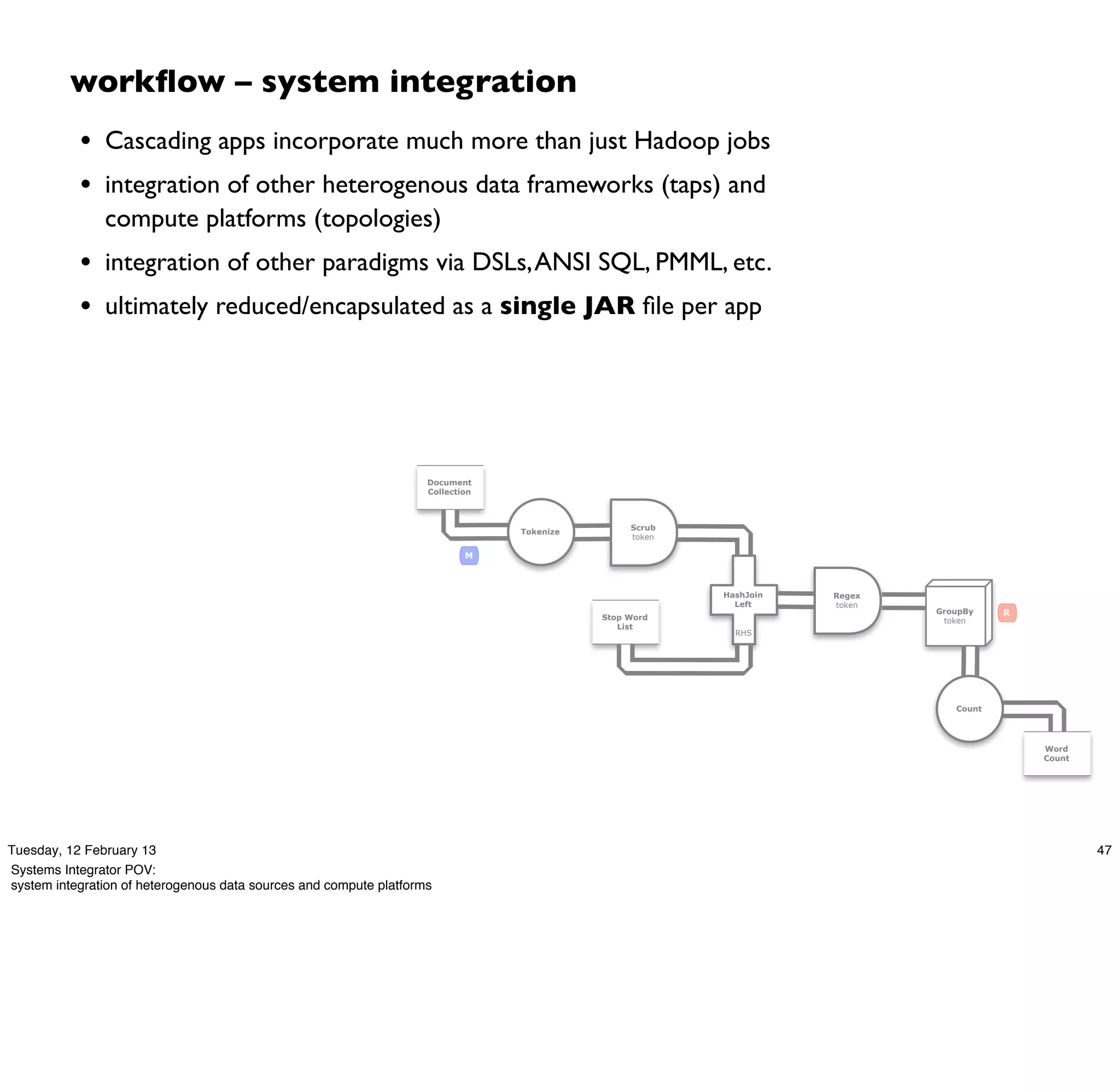 workﬂow – system integration
           • Cascading apps incorporate much more than just Hadoop jobs
           • integration of other heterogenous data frameworks (taps) and
               compute platforms (topologies)
           • integration of other paradigms via DSLs, ANSI SQL, PMML, etc.
           • ultimately reduced/encapsulated as a single JAR ﬁle per app




                                                                    Document
                                                                    Collection



                                                                                                 Scrub
                                                                                 Tokenize
                                                                                                 token

                                                                            M



                                                                                                         HashJoin   Regex
                                                                                                           Left     token
                                                                                                                            GroupBy    R
                                                                                            Stop Word                        token
                                                                                               List
                                                                                                           RHS




                                                                                                                               Count




                                                                                                                                           Word
                                                                                                                                           Count




Tuesday, 12 February 13                                                                                                                            47
Systems Integrator POV:
system integration of heterogenous data sources and compute platforms
 