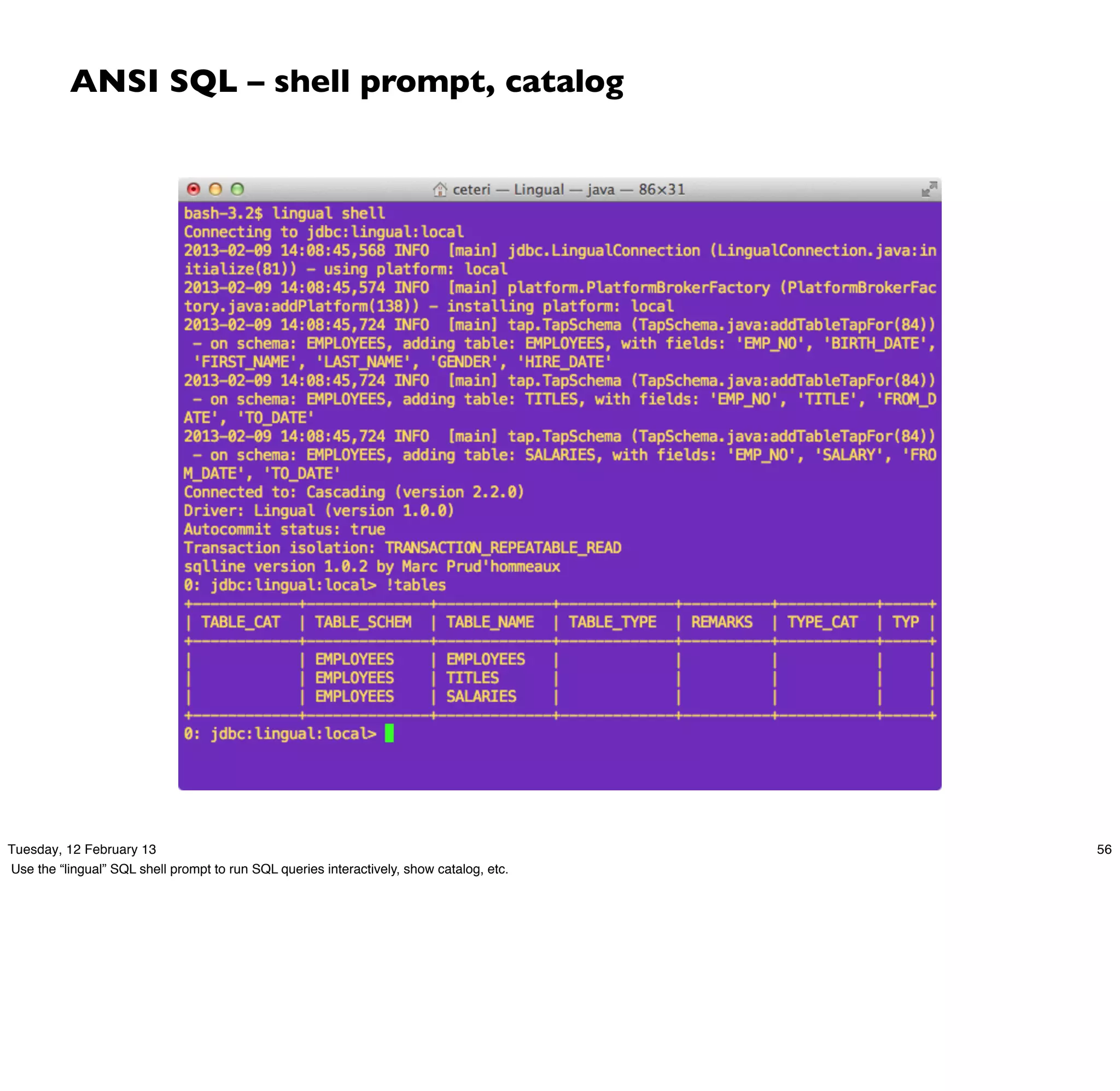 ANSI SQL – shell prompt, catalog




Tuesday, 12 February 13                                                                   56
Use the “lingual” SQL shell prompt to run SQL queries interactively, show catalog, etc.
 