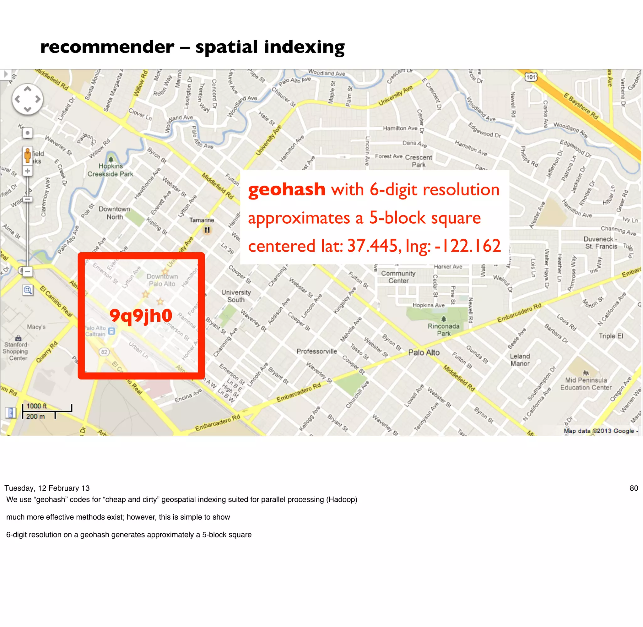 recommender – spatial indexing




                                                                       geohash with 6-digit resolution
                                                                       approximates a 5-block square
                                                                       centered lat: 37.445, lng: -122.162


                              9q9jh0




Tuesday, 12 February 13                                                                                      80
We use “geohash” codes for “cheap and dirty” geospatial indexing suited for parallel processing (Hadoop)

much more effective methods exist; however, this is simple to show

6-digit resolution on a geohash generates approximately a 5-block square
 