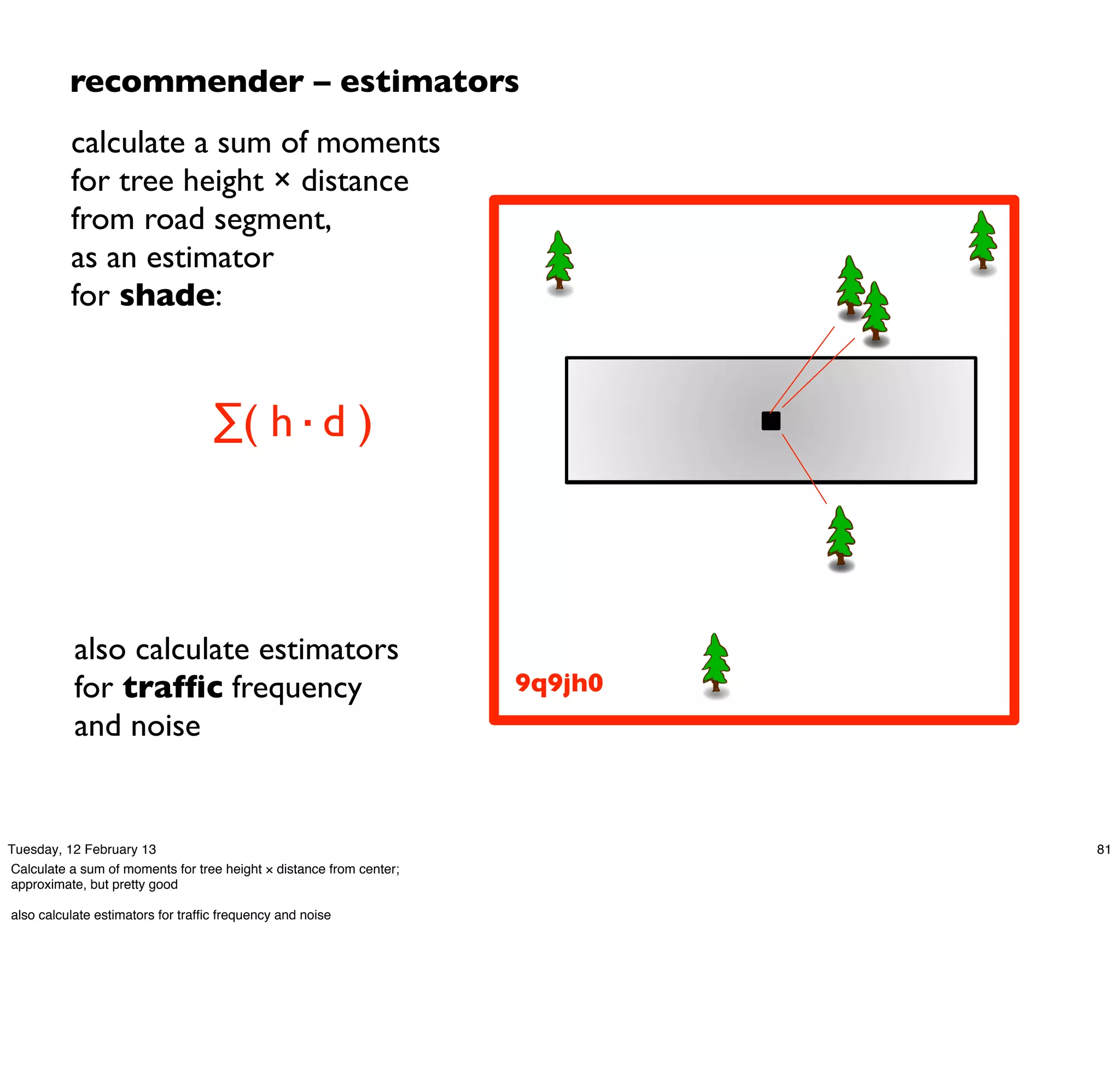 recommender – estimators
          calculate a sum of moments
          for tree height × distance
          from road segment,
          as an estimator
          for shade:


                                   ∑( h·d )



           also calculate estimators
           for trafﬁc frequency                                      9q9jh0
           and noise


Tuesday, 12 February 13                                                       81
Calculate a sum of moments for tree height × distance from center;
approximate, but pretty good

also calculate estimators for trafﬁc frequency and noise
 