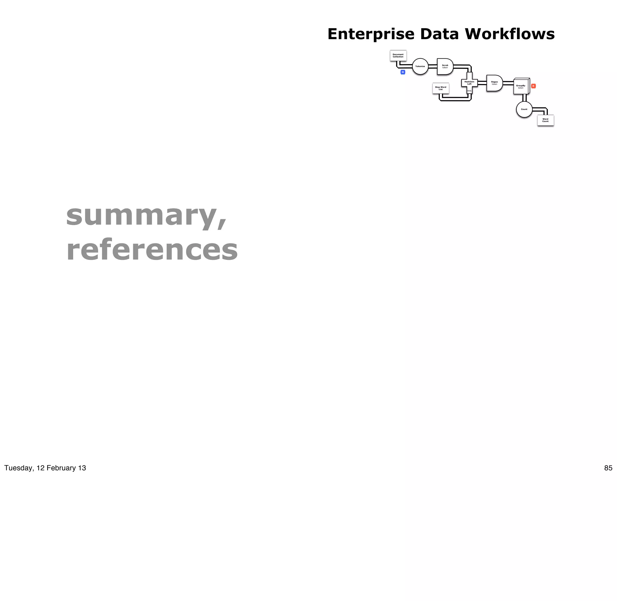 Enterprise Data Workflows
                                     Document
                                     Collection



                                                                  Scrub
                                                  Tokenize
                                                                  token

                                             M



                                                                          HashJoin   Regex
                                                                            Left     token
                                                                                             GroupBy    R
                                                             Stop Word                        token
                                                                List
                                                                            RHS




                                                                                                Count




                                                                                                            Word
                                                                                                            Count




                 summary,
                 references




Tuesday, 12 February 13                                                                                             85
 