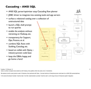 Cascading – ANSI SQL
            • ANSI SQL parser/optimizer atop Cascading ﬂow planner
            • JDBC driver to integrate into existing tools and app servers                                                                                 Customers


            • surface a relational catalog over a collection of                                                                                              Web
                unstructured data                                                                                                                            App


            • launch a SQL shell prompt
                to run queries                                                                                              logs
                                                                                                                              logs                          Cache
                                                                                                                                Logs

            • enable the analysts without                                             Support

                retraining on Hadoop, etc.                                                                    trap
                                                                                                                                source
                                                                                                                                  tap                         sink
                                                                                                               tap                                            tap

            • transparency for Support,
                                                                                                                              Data
                Ops, Finance, et al.                                                  Modeling          PMML
                                                                                                                             Workflow

            • combine SQL ﬂows with                                                                           sink
                                                                                                                                                             source
                                                                                                                                                               tap
                                                                                                              tap
                Scalding, Cascalog, etc.
                                                                                      Analytics

            • based on collab with Optiq –                                             Cubes                                                                customer
                                                                                                                                                             Customer
                                                                                                                                                           profile DBs
                industry-proven code base                                                                                      Hadoop
                                                                                                                                                               Prefs

                                                                                                                               Cluster
            • keep the DBAs happy, and                                               Reporting

                go home a hero!



Tuesday, 12 February 13                                                                                                                                                  17
Quite a number of projects have started out with Hadoop, then grafted a SQL-like syntax onto it. Somewhere.

We started out with a query planner used in Enterprise, then partnered with Optiq -- the team behind an Enterprise-proven code base for an ANSI SQL parser/optimizer.

In the sense that Splunk handles “machine data”, this SQL implementation provides “machine code”, as the lingua franca of Enterprise system integration.
 