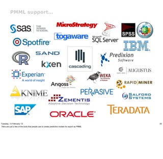 PMML support…




Tuesday, 12 February 13                                                                           20
Here are just a few of the tools that people use to create predictive models for export as PMML
 