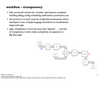 workﬂow – transparency
            • fully connected context for compiler optimization, exception
                handling, debug, conﬁg, scheduling, notiﬁcations, provenance, etc.
            • this practice is in stark contrast to Big Data frameworks where
                developers cross multiple language boundaries to troubleshoot
                large-scale apps
            • again, complexity is more the issue than “bigness” … and lack
                of transparency is what makes complexity so expensive in
                Big Data apps


                                                                        Document
                                                                        Collection



                                                                                                           Scrub
                                                                                        Tokenize
                                                                                                           token

                                                                                M



                                                                                                                           HashJoin   Regex
                                                                                                                             Left     token
                                                                                                                                              GroupBy    R
                                                                                                      Stop Word                                token
                                                                                                         List
                                                                                                                             RHS




                                                                                                                                                 Count




                                                                                                                                                             Word
                                                                                                                                                             Count




Tuesday, 12 February 13                                                                                                                                              51
An entire app compiles into a single JAR:
fully connected context for compiler optimization, exception handling, debug, conﬁg, scheduling, notiﬁcations, provenance, etc.
 