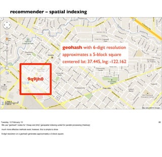 recommender – spatial indexing




                                                                       geohash with 6-digit resolution
                                                                       approximates a 5-block square
                                                                       centered lat: 37.445, lng: -122.162


                              9q9jh0




Tuesday, 12 February 13                                                                                      80
We use “geohash” codes for “cheap and dirty” geospatial indexing suited for parallel processing (Hadoop)

much more effective methods exist; however, this is simple to show

6-digit resolution on a geohash generates approximately a 5-block square
 