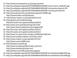 12. http://www.izumooyashiro.or.jp/sengu.top.html 13. http://ja.wikipedia.org/wiki/%E7%94%BB%E5%83%8F:Izumo-shrine_Haiden01.jpg 14. http://ja.wikipedia.org/wiki/%E7%94%BB%E5%83%8F:Izumotaisha-doutorii.JPG 15. http://ja.wikipedia.org/wiki/%E7%94%BB%E5%83%8F:Izumooyashiro03.JPG 16. http://www.panoramio.com/photos/original/1118001.jpg http://www3.ezbbs.net/29/aposan/ 17. http://www.mapion.co.jp/map/admi31.html 18. http://g-beer.jp/mc/daisen02.jpg http://furusato.sanin.jp/p/area/daisen/01/1/ 19. http://web.sanin.jp/p/daisenking/1/6/1/20/ http://www.daisen.jp/p/2/area/yamagawa/18/ 20. http://furusato.sanin.jp/p/area/daisen/01/1/ 21. http://furusato.sanin.jp/p/area/daisen/01/1/ 22.  http://www.my-panorama.com/gururi360/tottori360.htm 23. http://www.seasideuradome.com/index.shtml 24. http://www.mapion.co.jp/map/admi33.html http://www.yourun1000.com/ 25. http://kankou-kurashiki.jp/ http://www.kurakibi.jp/bikan/index_look.htm http://www.kurakibi.jp/index.html http://kankou-kurashiki.jp/kyouiku/yugaku/ 26. http://ja.wikipedia.org/wiki/%E7%94%BB%E5%83%8F:Kurashikikahan06bs4592.jpg 27. http://ja.wikipedia.org/wiki/%E7%94%BB%E5%83%8F:Kurashikikahan12bs3200.jpg 