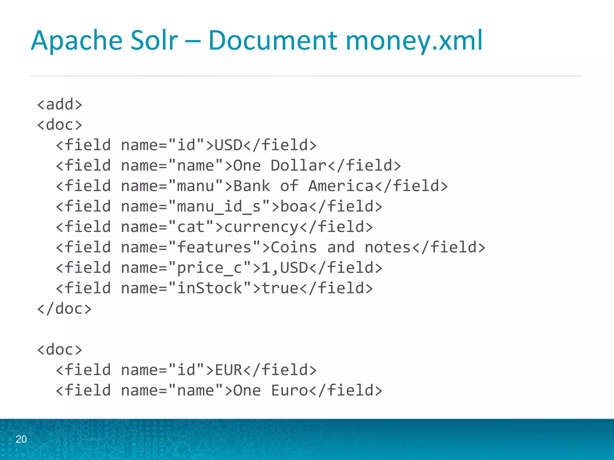 Apache	
  Solr	
  –	
  Document	
  money.xml	
  
add	
  
doc	
  
	
  	
  field	
  name=idUSD/field	
  
	
  	
  field	
  name=nameOne	
  Dollar/field	
  
	
  	
  field	
  name=manuBank	
  of	
  America/field	
  
	
  	
  field	
  name=manu_id_sboa/field	
  
	
  	
  field	
  name=catcurrency/field	
  
	
  	
  field	
  name=featuresCoins	
  and	
  notes/field	
  
	
  	
  field	
  name=price_c1,USD/field	
  
	
  	
  field	
  name=inStocktrue/field	
  
/doc	
  
	
  
doc	
  
	
  	
  field	
  name=idEUR/field	
  
	
  	
  field	
  name=nameOne	
  Euro/field	
  
20
 