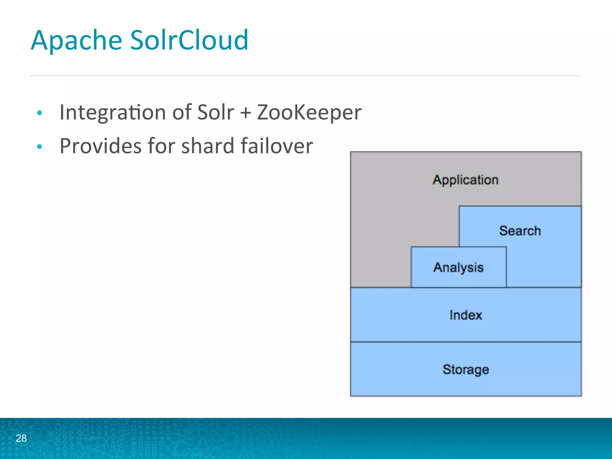 Apache	
  SolrCloud	
  
•  IntegraLon	
  of	
  Solr	
  +	
  ZooKeeper	
  
•  Provides	
  for	
  shard	
  failover	
  
28
 